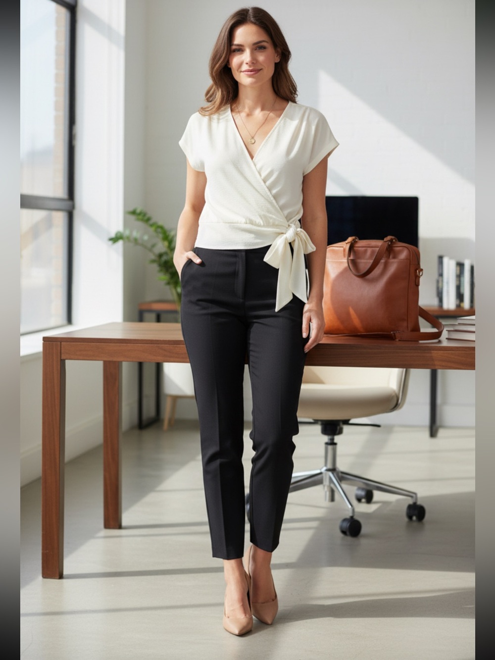 Nine West Cream Wrap With Snap Blouse With Tie Waist top